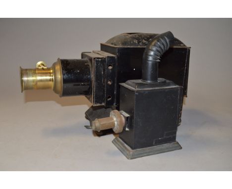 A British Magic Lantern, black enamelled, triple-wick illuminant and toy Falk lamp