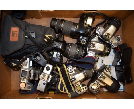 A Group of Modern Canon SLR Cameras, including EOS 66, EOS 100, EOS 300 camera, EOS 300V, Minolta Dynax SPxi, all with lenses