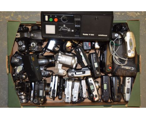 A Tray of Film and Digital Cameras, including Canon, Fujifilm, Nikon, Olympus, Pentax, Ricoh together with a Rollei P360 slid