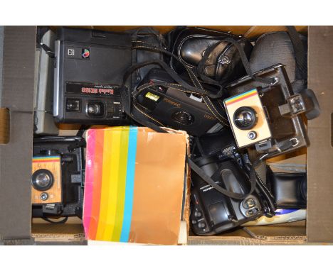 A Tray of Instant and Bridge Cameras including Chinon, Minolta 110, Polaroid, Yashica