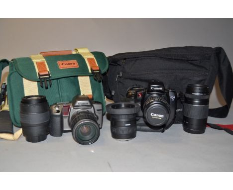 A Canon EOS 5 Camera and a EOS 10 SLR Camera, EOS 5, shutter working, vertical grip VG 10 a Canon EF 28-105mm f/3.5-4.5 zoom 