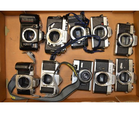 A Tray of Japanese SLR Cameras, including Asahi Pentax, Minolta, Nikon and Yashica plus a Dacora Viewfinder Camera