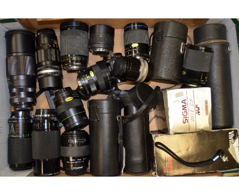 A Tray of Zoom and Prime Lenses, including  Carl Zeiss Jena, Galaxy, Hanimex, Minolta, Ozeck, Pentax, Sigma, Soligor, Vivitar