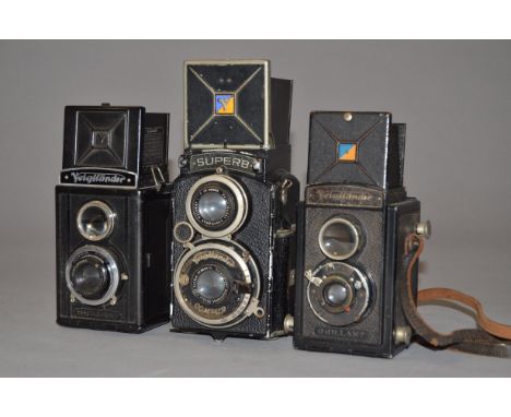 Three Voigtländer Roll Film TLR Cameras, two Voigtländer Brillant TLR cameras, non-focusing viewfinders, one with Voigtar 7.5