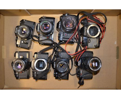 A Tray of SLR Cameras and Bodies, including Contax 137 MD Quartz body, a Minolta X-370s with a MD Rokkor 50mm f/1.4 lens, a R