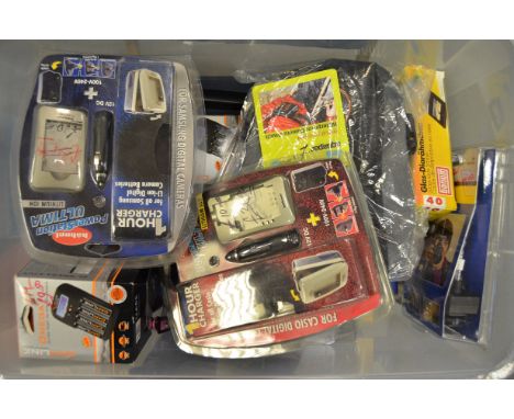 A Box of Chargers and Digital Camera Accessories including Aquapac, Bonum, Camlink, Hahnel, Hama, Kenro,Kood, Miggo, Optech U