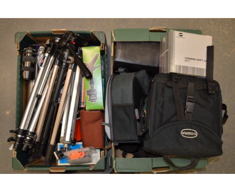 Two Trays of Photographic Items,  including Manfrotto, Velbon, Cullmann, Kodak, Hanimex, Polaroid and more