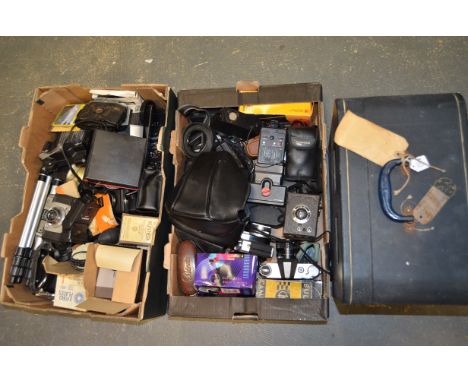 Two Trays of Cameras and Photographic Items,  including BTH, Kodak, Kood, Ilford, Olympus, Rank Mamiya, Photax, Polaroid, Pra