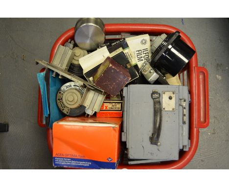 A Tray of Darkroom and Camera Equipment and Parts, including Paterson Tanks, photo paper, film, exposure meter and more,  tog