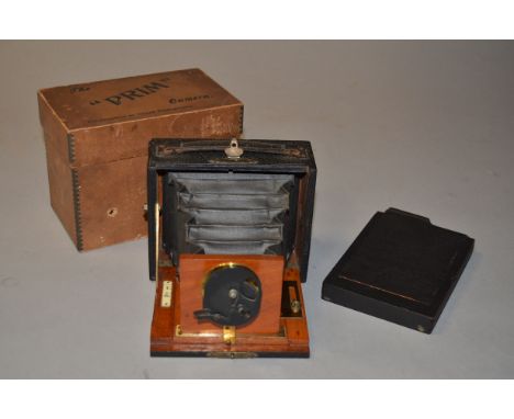 A No 1 Primus Wooden Folding Plate Camera, for 3"x 4" plates, brass mounted lens, external single speed shutter, no aperture 