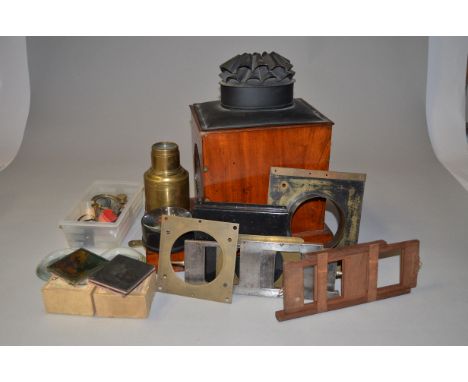 A Collection of Lantern Slides and Lantern Parts, including 3¼ x 3¼" slides boxed and unboxed, wood lamphouse, roof and chimn