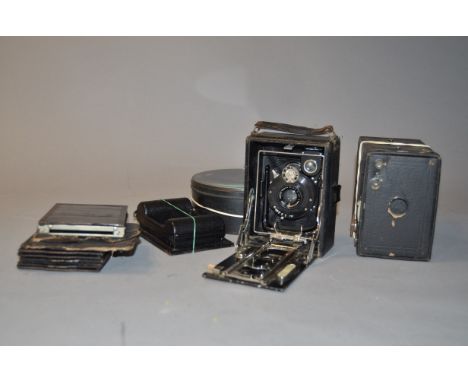 A Houghton-Butcher Ensign Cameo 3¼" x 4¼" Folding Plate Camera, with a Aldis Uno Anastigmat 5.5" f/7.7 lens, Ilex shutter wor