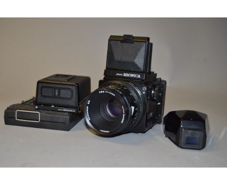 A Bronica ETRS 6 x 4.5cm Roll Film SLR Camera, with a  Zenzanon EII 75mm f/2.8 lens, shutter not working, a waist level finde