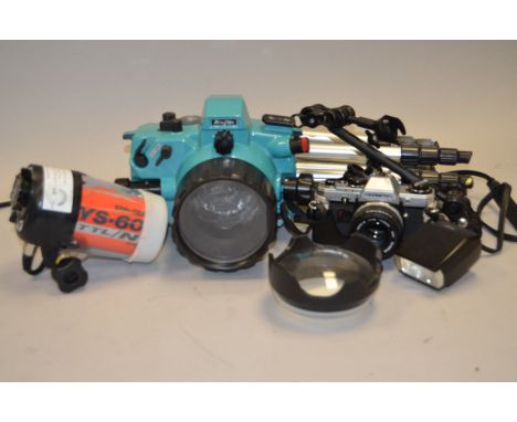 A SubAl Miniflex-N Underwater Housing for Nikon F801 SLR,  with a Sea &amp; Sea YS60 TTL/N underwater TTL strobe, Olympus OM1