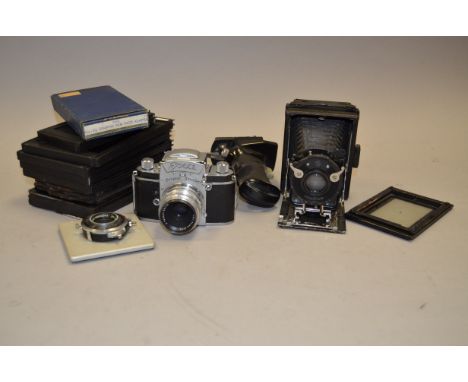 Camera Related Accessories, including; Ihagee Exa camera, 4x6 Graphic film holders (4), Rollei pistol grip, folding camera, a