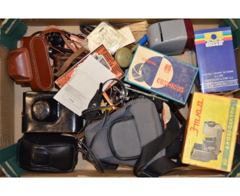 A Quantity of 35mm Cameras, including a Pentax P30n SLR camera, a Konica Z-up 80RC camera, a Zorki 4 camera, a Cosmic 35 and 