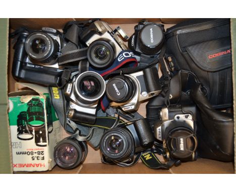 A Tray of Modern SLR Cameras, including Canon EF-M, Canon EOS 500N, Canon EOS 300D DSLR, Cosina C1, Minolta Vectis S-1 APS ca