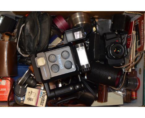 A Quantity of Cameras and Accessories, including Pentax P30, Minox 35ML, Polaroid Miniportrait, Carl Zeiss Jena, Weston, book