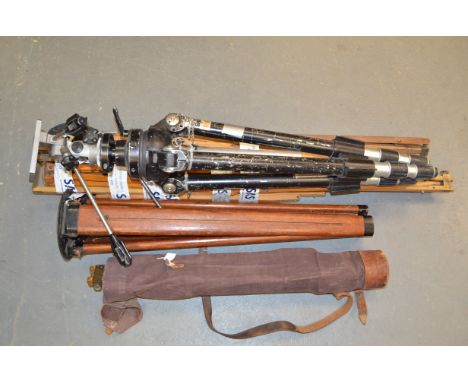 A Heavy Duty Bilora Studio Tripod, with a pan and tilt head stamped R No 3 on a elevating central column and four section met
