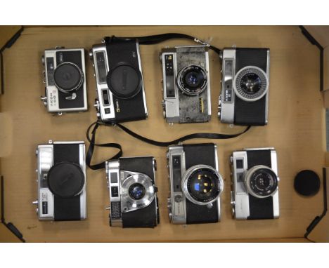 A Tray of Yashica and Minolta 35mm Compact Cameras, including  Minolta AL-F, Minolta Hi-Matic 11, Yashica Electro 35 GS, Yash