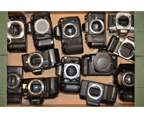 A Tray of 35mm SLR Camera Bodies, including Canon EOS, Minolta, Nikon, Pentax and Ricoh