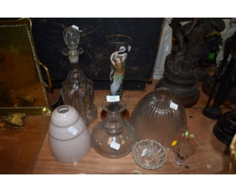 A selection of glass wares including two vintage light shades and hand blown decanter