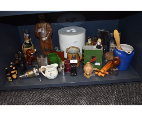 A mixed lot of hip flasks, Breweriana including White Horse whiskey and Ushers scotch whiskey jugs, optics, bottle stoppers a