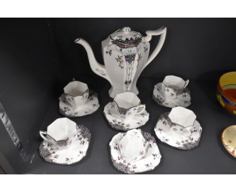 A Shelley 'Black leafy trees' part coffee service comprising of six Queen Anne shaped cups,six saucers and coffee pot, superb