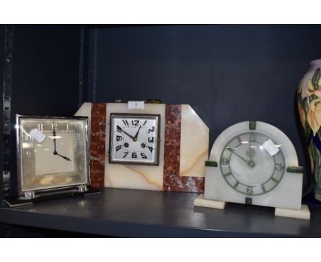 Three Art deco mantel clocks, two of which are Smiths, the larger marble one possibly European.
