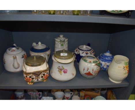 A selection of ceramics including teapots and Chinese export ginger jar depicting warriors (has been drilled to base as lamp)