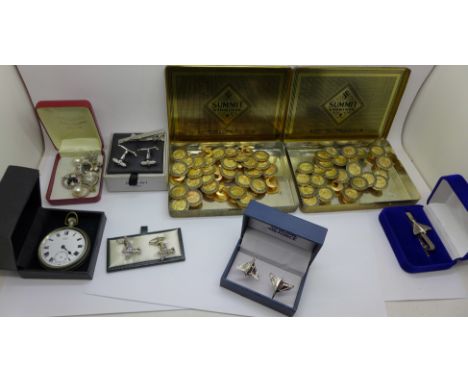 Aircraft cufflinks, button hole badges and a pocket watch lacking glass and hands 