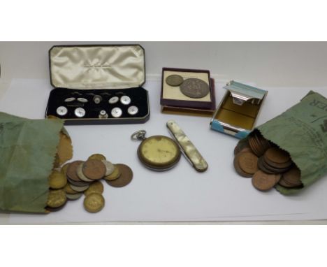 British coins, pocket watch, pen knife, Art Deco cigarette case, etc. 