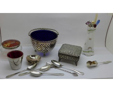 Silver plated items, three silver spoons, 49g, stick pins including one by Charles Horner 