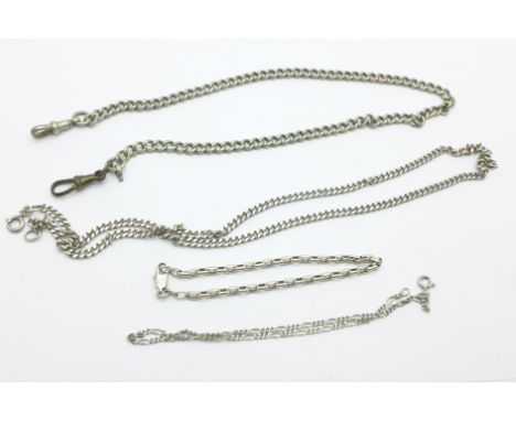A silver neck chain, two silver bracelets and a silver Albert watch chain, (one clasp not silver), 47.4g 