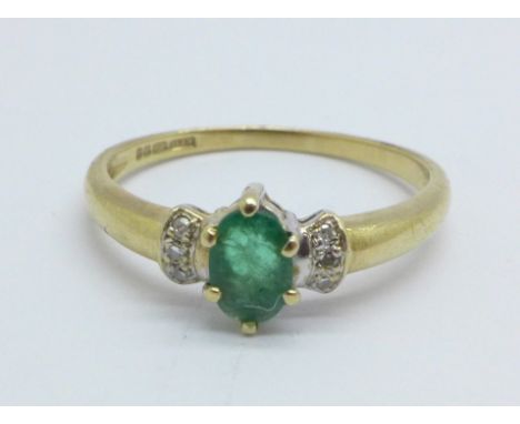 A 9ct gold emerald and diamond ring, 2g, R 