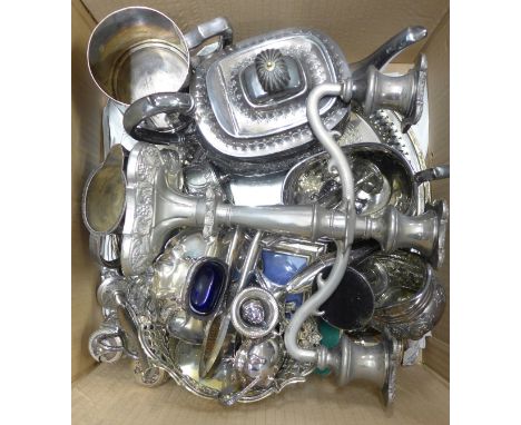 A box of silver plate, including two trays, tea service, condiment sets **PLEASE NOTE THIS LOT IS NOT ELIGIBLE FOR POSTING AN