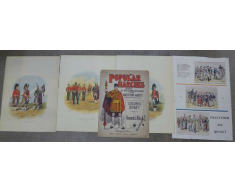 A collection of military pictures including three R Simkin Regimental lithographs and Hawkes &amp; Son Colonel Bogey sheet mu