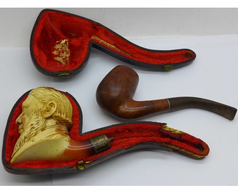 A carved silver mounted meerschaum pipe bowl, Paul Kruger, hallmarked Birmingham 1902, lacking stem, case a/f, and one other 
