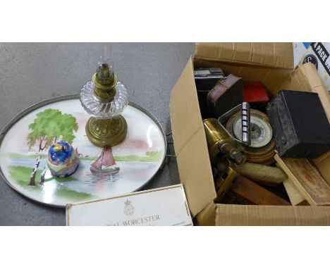 An Old Tupton Ware preserve pot, oil lamp, German ceramic and plated tray, two cameras, brass blow lamp, etc. 