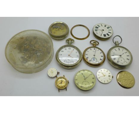 Two pocket watches, one a/f, watch parts and movements 