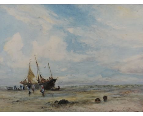 Joseph Hughes Clayton (British 1870-1930) watercolours, beached fishing vessels with figures, entitled in later hand verso 'W