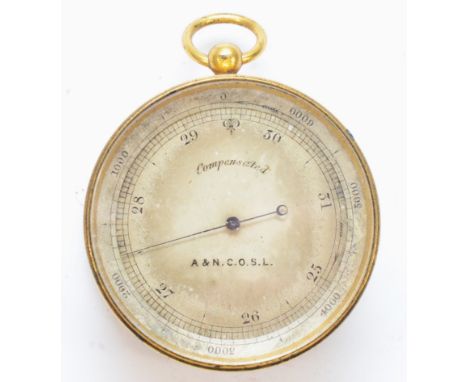 A Victorian brass pocket aneroid barometer, by A &amp; N C.O.S.L. (Army and Navy Co-Operative Society Ltd.), with compass and