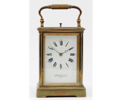 Camerer Kuss &amp; Co., London, a late 19th century quarter striking and repeating carriage clock, white enamel dial, the qua