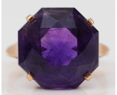 A 9ct rose gold fancy cut amethyst dress ring, 15mm x 15mm amethyst, M, 4.8g