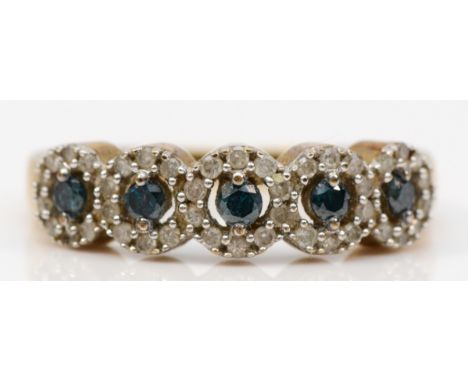 A 9ct gold blue diamond and diamond halo ring, five untested blue diamonds with diamond halos, P 1/2, 3.8g