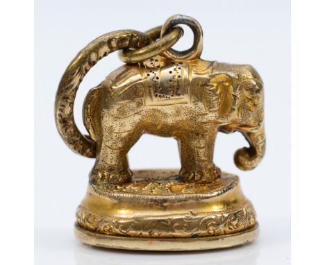 A low carat antique bloodstone elephant fob with a base metal split ring, 15mm high, 6ggood condition, no issues, probably c.