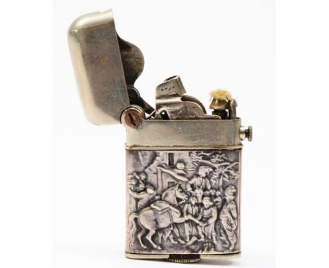 Thorens, a 935 silver cased petrol lighter, Pat Jan 1920, decorated with a horse scene, 49mm Nickel plated case with silver s