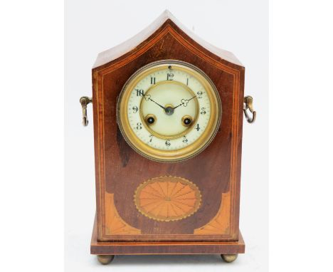 An Edwardian mahogany and boxwood inlaid mantel clock, white enamel dial with Roman numerals, unsigned French movement, pendu