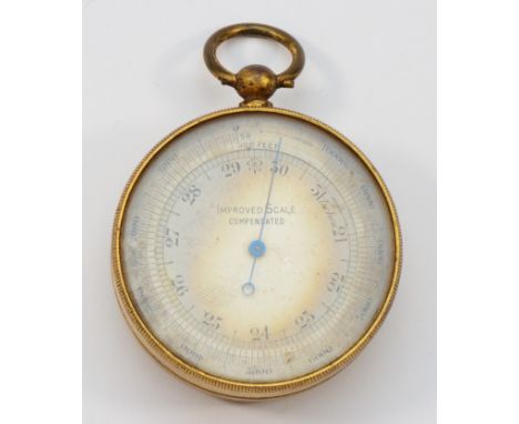 A pocket aneroid barometer, Improved Scale, 4.5cms diameter, leather case