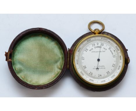A pocket aneroid barometer by J. Lizars, Edinburgh, compensated for temperature, 5cms diameter, leather case
